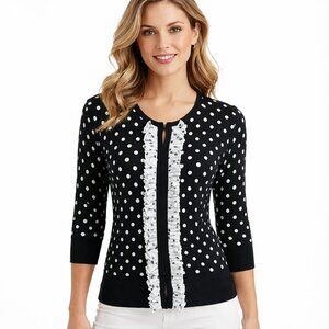 WHBM Polka Dot Sweater Cardigan Size Medium Chiffon Ruffle Front